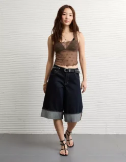 AE Square Neck Bow Mesh Tank Top Brown -American Eagle Fashion 3171 6333 200 os