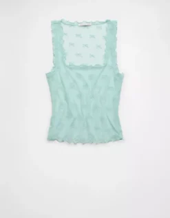 AE Square Neck Bow Mesh Tank Top Light Blue -American Eagle Fashion 3171 6333 401 f