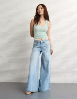 AE Square Neck Bow Mesh Tank Top Light Blue