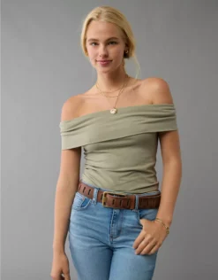 AE Off The Shoulder Foldover Top Olive