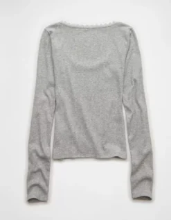 AE Lace-Trim Long Sleeve T-Shirt Medium Heather Gray -American Eagle Fashion 3376 1381 012 b