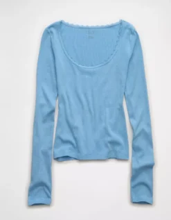 AE Lace-Trim Long Sleeve T-Shirt Blue -American Eagle Fashion 3376 1382 400 f