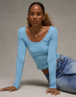 AE Lace-Trim Long Sleeve T-Shirt Blue