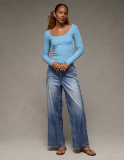 AE Lace-Trim Long Sleeve T-Shirt Blue -American Eagle Fashion 3376 1382 400 os