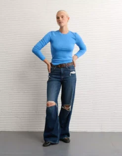 AE Long Sleeve Cozy Crewneck T-Shirt Rich Sapphire -American Eagle Fashion 3376 1390 493 os