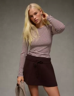 AE Long Sleeve Cozy Crewneck T-Shirt Burgundy -American Eagle Fashion 3376 1391 613 os