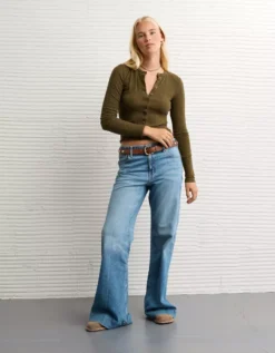 AE Long Sleeve Henley T-Shirt Briar -American Eagle Fashion 3376 1421 348 os