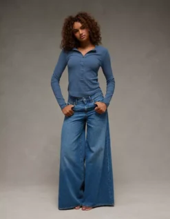 AE Long Sleeve Henley T-Shirt Navy -American Eagle Fashion 3376 1422 410 os