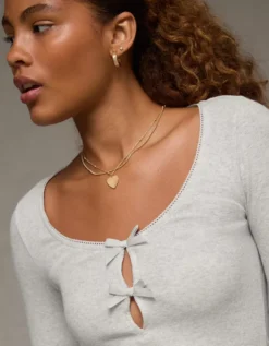 AE Long Sleeve Bow T-Shirt Grey -American Eagle Fashion 3376 1518 050 d2