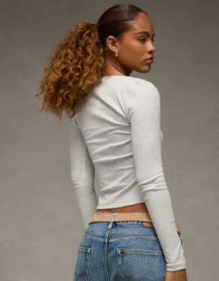 AE Long Sleeve Bow T-Shirt Grey -American Eagle Fashion 3376 1518 050 ob