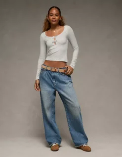 AE Long Sleeve Bow T-Shirt Grey -American Eagle Fashion 3376 1518 050 os