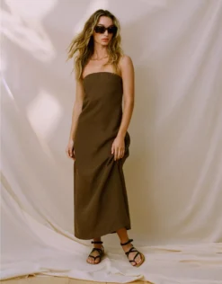 AE77 Strapless Linen Midi Dress Brown