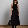 AE77 Premium Mixed Media Midi Dress Black