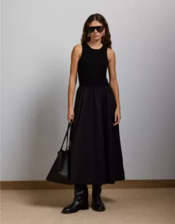 AE77 Premium Mixed Media Midi Dress Black