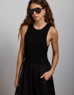 AE77 Premium Mixed Media Midi Dress Black -American Eagle Fashion 3428 4713 001 os