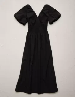 AE77 Premium Puff Sleeve Midi Poplin Dress Black -American Eagle Fashion 3428 4752 001 b