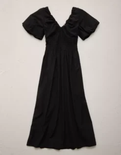 AE77 Premium Puff Sleeve Midi Poplin Dress Black -American Eagle Fashion 3428 4752 001 f