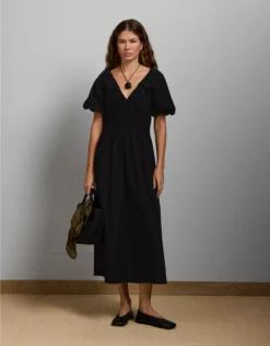 AE77 Premium Puff Sleeve Midi Poplin Dress Black