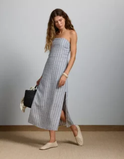 AE77 Premium Strapless Linen Midi Dress Blue -American Eagle Fashion 3428 4976 400 os