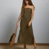 AE77 Strapless Linen Midi Dress Olive