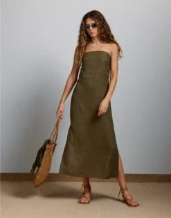 AE77 Strapless Linen Midi Dress Olive