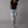 AE Next Level Curvy High-Waisted Ripped Jegging Destroyed Light Wash
