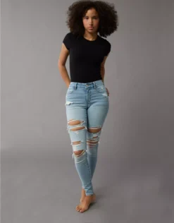 AE Next Level Curvy High-Waisted Ripped Jegging Destroyed Light Wash