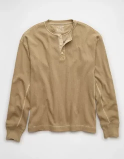 AE Boxy Washed Thermal Henley Shirt Tan -American Eagle Fashion 4171 4768 207 f