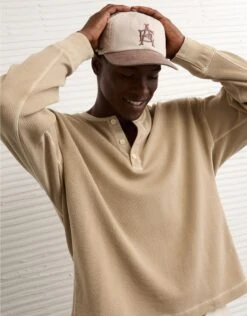 AE Boxy Washed Thermal Henley Shirt Tan