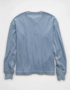 AE Boxy Washed Thermal Henley Shirt Soft Blue -American Eagle Fashion 4171 4768 440 b