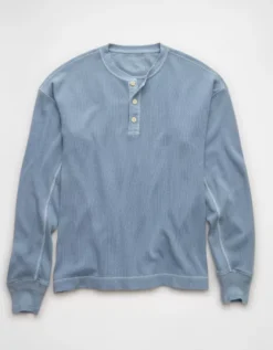 AE Boxy Washed Thermal Henley Shirt Soft Blue -American Eagle Fashion 4171 4768 440 f