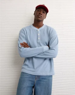 AE Boxy Washed Thermal Henley Shirt Soft Blue