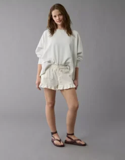 AE Stretch Linen-Blend Ruffle Short Raw White -American Eagle Fashion 4331 8077 115 os