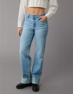 AE Stretch High-Waisted Stovepipe Cuffed Jean Light Blue