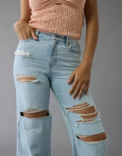 AE Strigid Curvy Ripped Super High-Waisted Baggy Straight Jean Ultra Light Crackle -American Eagle Fashion 4436 5699 863 os
