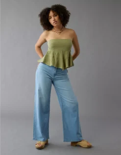 AE Dreamy Drape Stretch Curvy Super High-Waisted Baggy Wide-Leg Jean Light Bright Indigo