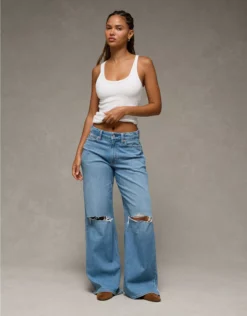 AE Dreamy Drape Stretch Curvy Ripped Super High-Waisted Baggy Wide-Leg Jean Light Destroy Wash