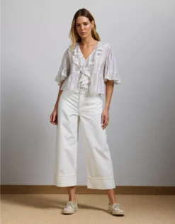 AE77 Premium Wide Crop Cuff Jean White