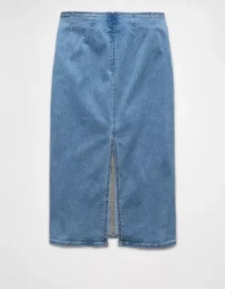 AE Next Level Highest Waist Denim Midi Skirt Light Wash -American Eagle Fashion 8332 4864 915 b