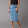 AE Next Level Highest Waist Denim Midi Skirt Light Wash