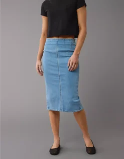 AE Next Level Highest Waist Denim Midi Skirt Light Wash