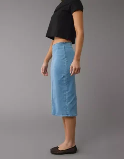 AE Next Level Highest Waist Denim Midi Skirt Light Wash -American Eagle Fashion 8332 4864 915 os