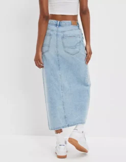 AE Dreamy Drape Low-Rise Denim Maxi Skirt -American Eagle Fashion 8332 7489 936 ob