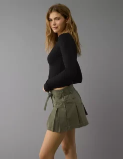 AE Stretch Low-Rise Pleated Mini Skort Olive Moss -American Eagle Fashion 9332 5055 342 d2